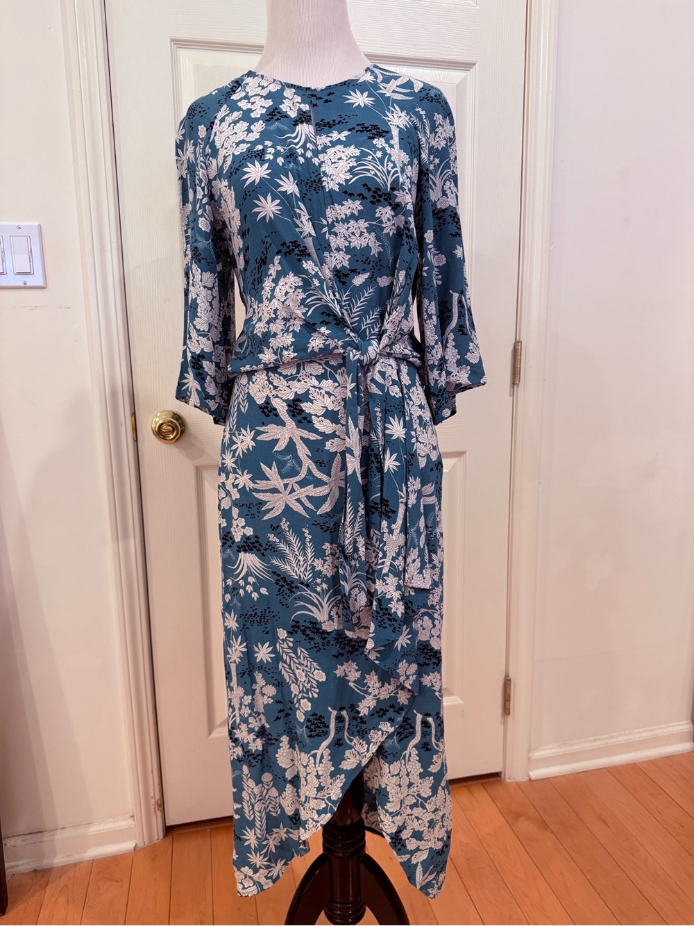 Teal and White Floral Wrap-Style Midi Dress